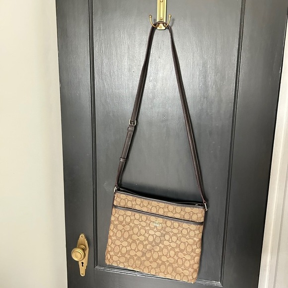 Coach Handbags - Coach Signature Jacquard Crossbody Bag Brown Tan Leather Trim Classic Y2K